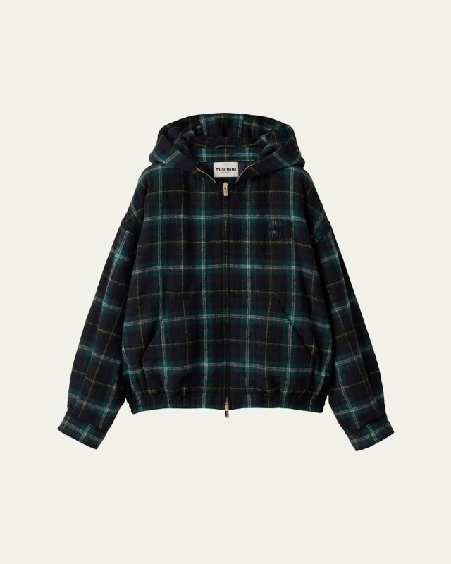 Plaid Zip-Up Hooded Wool Mohair Jacket